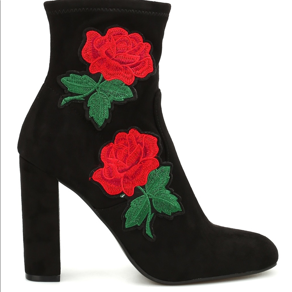 Steve Madden Edition Rose Embroidered Boot Black Suede Ankle Booties